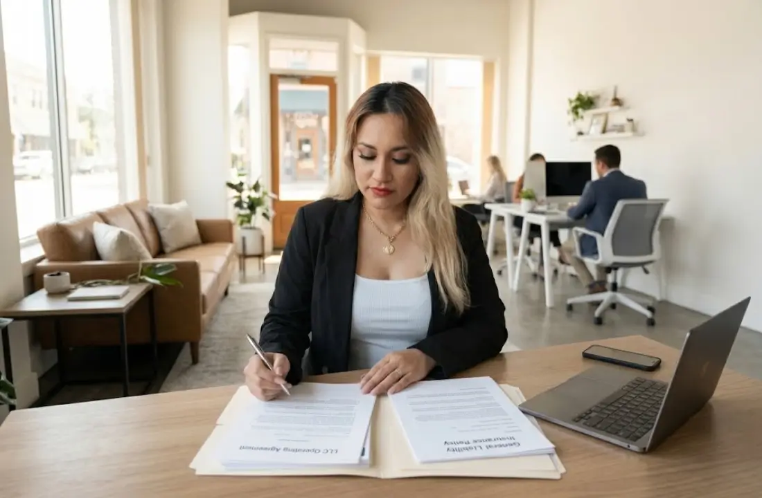 Small business owner reviewing LLC business insurance coverage options