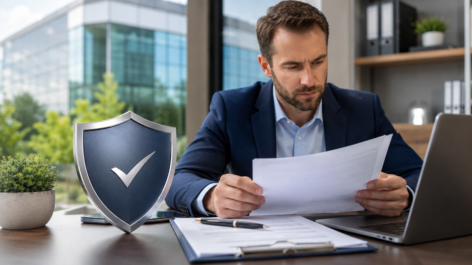 Professional reviewing insurance documents at a modern office desk with a protective shield symbol, representing commercial general liability insurance and business protection.